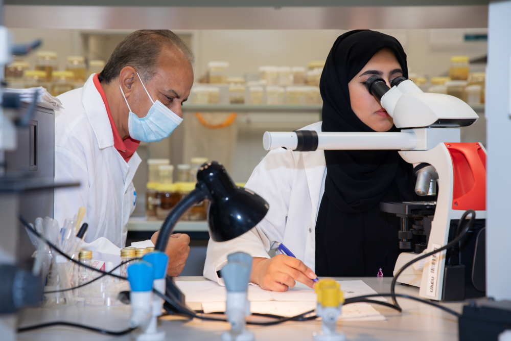 Researcher using a microscope in a laboratory.