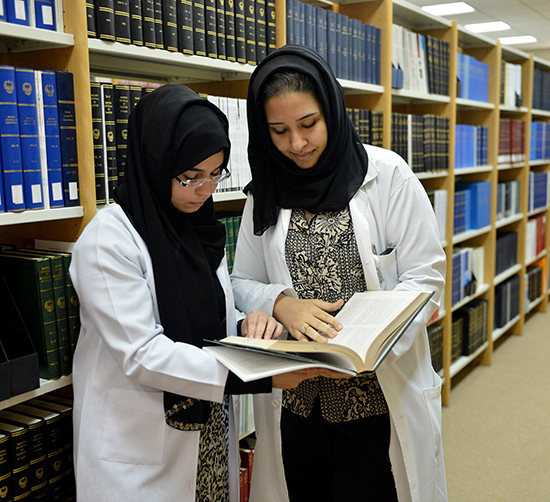Two medical students in the NML library using library tool