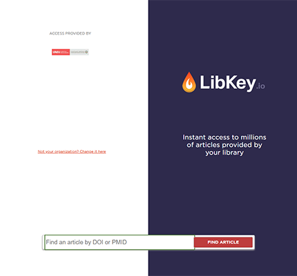 A digital interface for LibKey.io featuring a search bar to find scholarly articles by entering a DOI or PMID, provided by UAEU libraries.